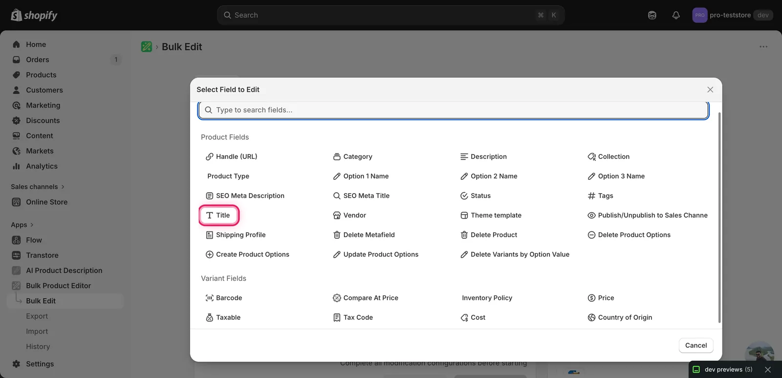 The Select Field modal with Title marked under Product Fields