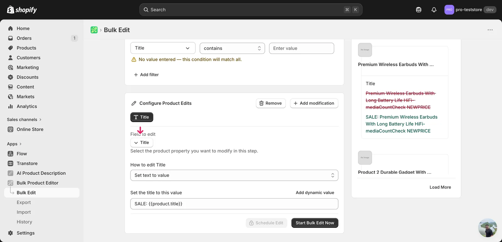 Set text to value with "SALE: {{product.title}}" entered; preview on the right shows the original title struck through and the new title "SALE: Cotton Trail Jacket"