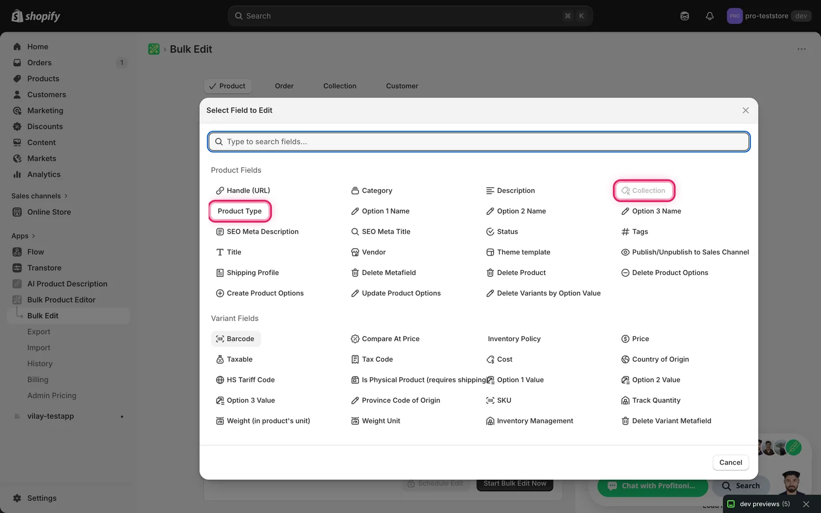 The Select Field modal with Product Type marked under Product Fields