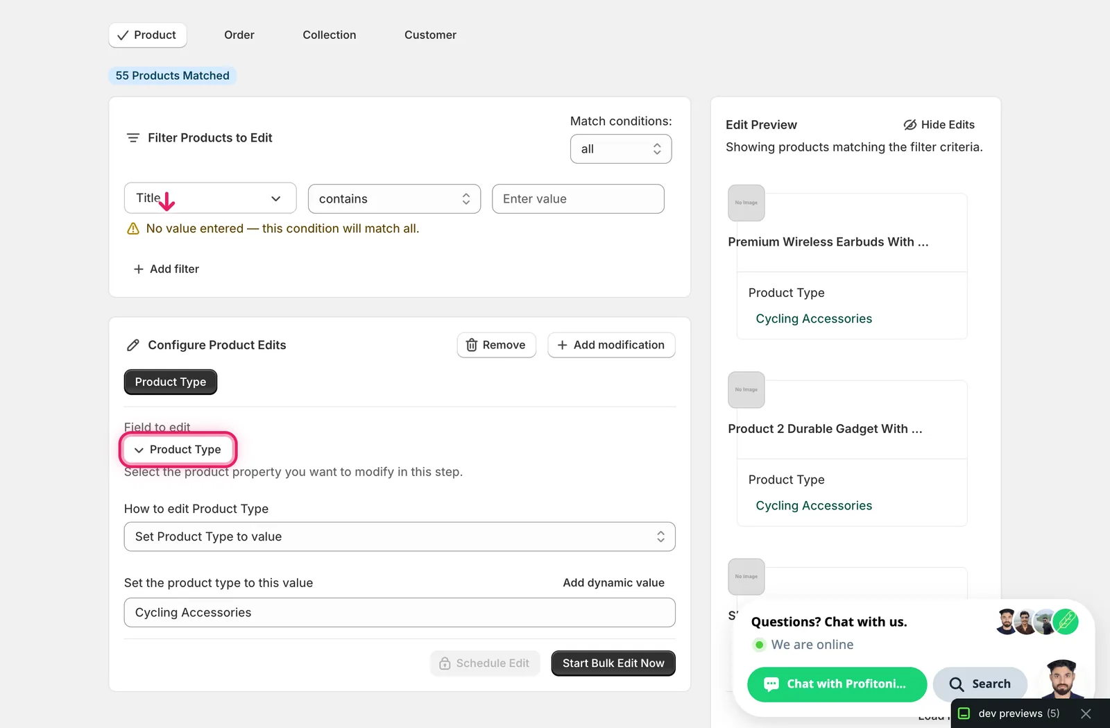 Set Product Type to value with "Cycling Accessories" entered; preview on the right shows Product Type: Cycling Accessories on each matched product