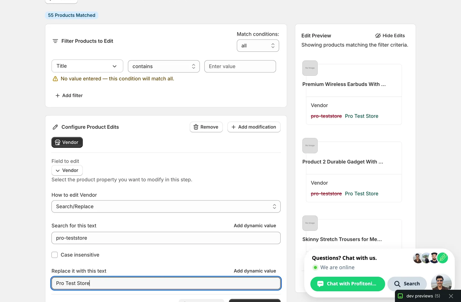 Search/Replace mode with "northstarcycles" in the search field and "Northstar Cycles" in the replace field; preview shows "northstarcycles" replaced with "Northstar Cycles" in every matched vendor