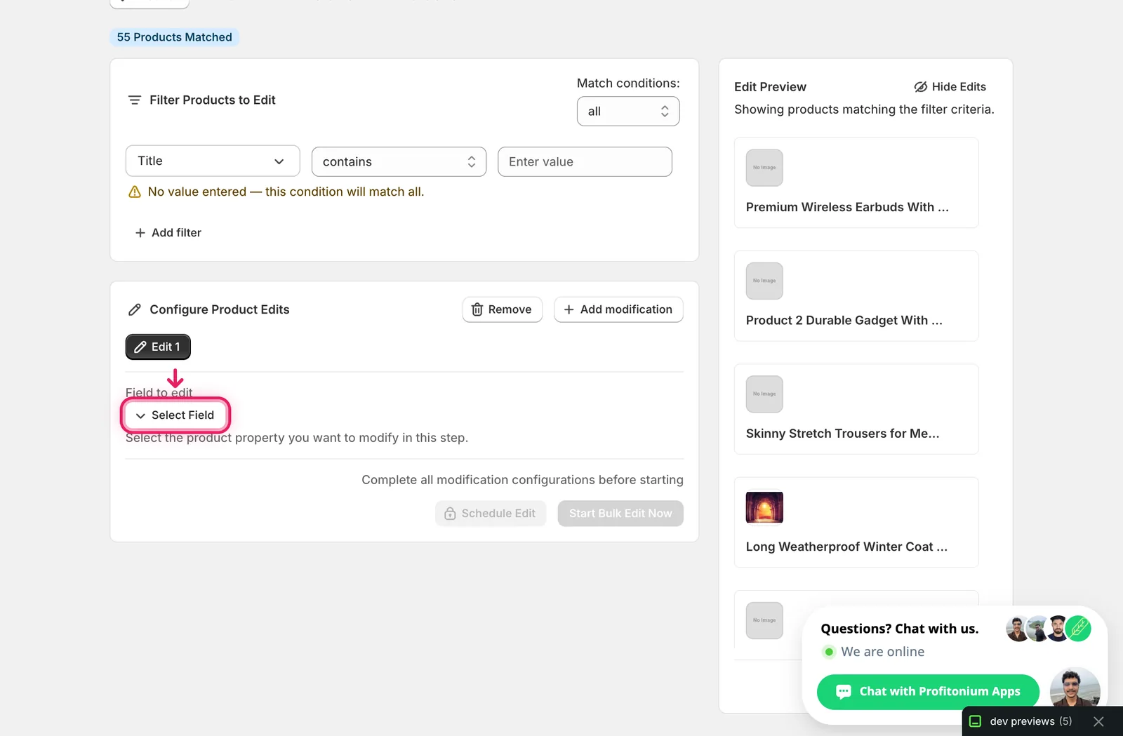 The Configure Product Edits panel with Select Field highlighted