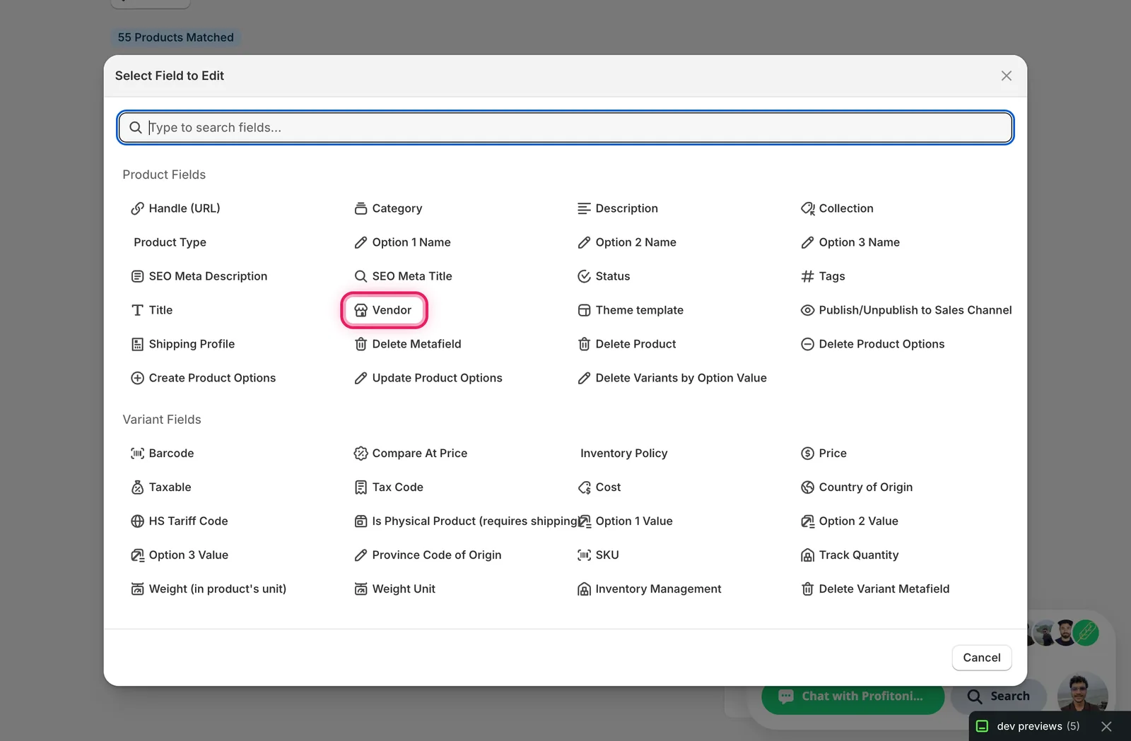 The Select Field modal with Vendor highlighted under Product Fields