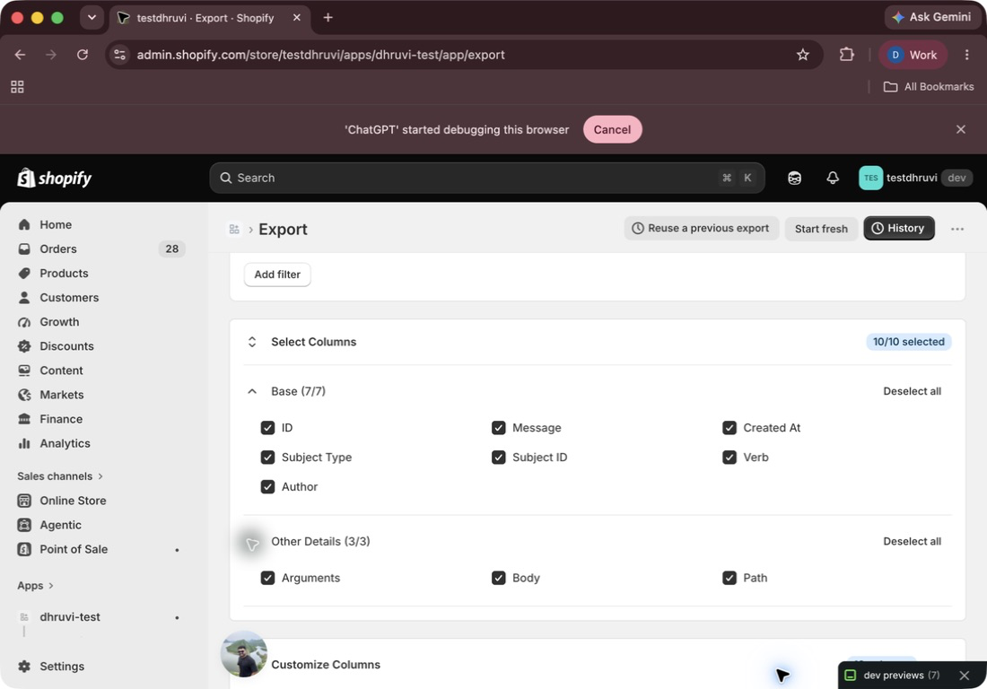 All Base and Other Details columns selected for an Activity export