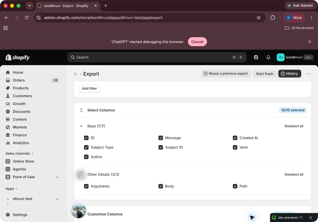 All Base and Other Details columns selected for an Activity export