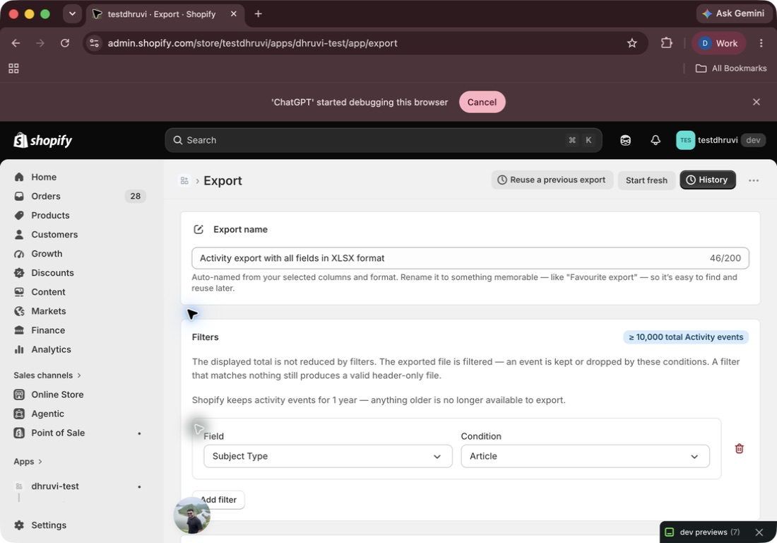 A Subject Type filter in the EditEngine Activity export panel