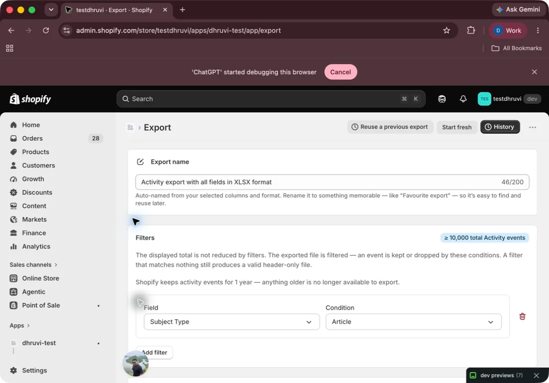 A Subject Type filter in the EditEngine Activity export panel