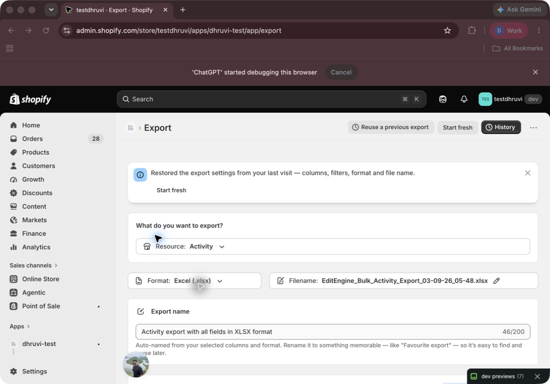Activity selected as the EditEngine export resource