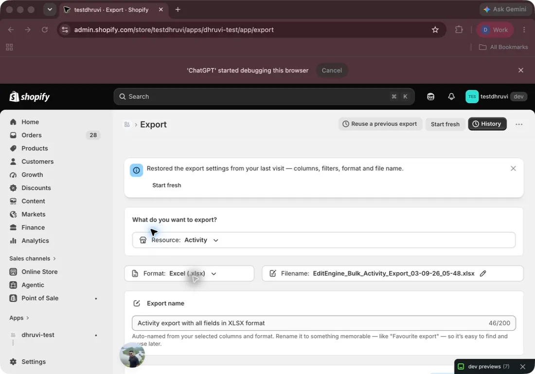 Activity selected as the EditEngine export resource