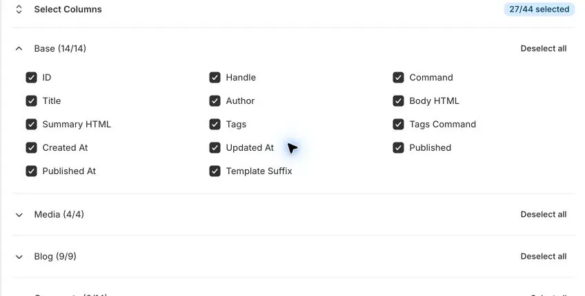 Blog Posts export columns grouped into Base, Media, Blog, Comments, Metafields, and SEO
