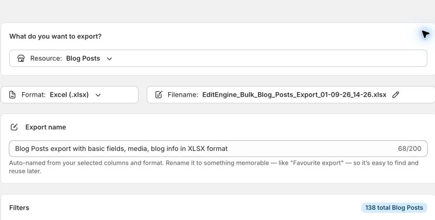 EditEngine Export with Blog Posts selected as the resource