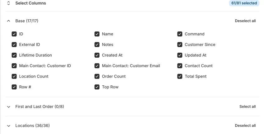The default Companies export includes Base fields and all Location columns