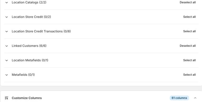 Companies export groups for catalogs, store credit, linked customers, and metafields