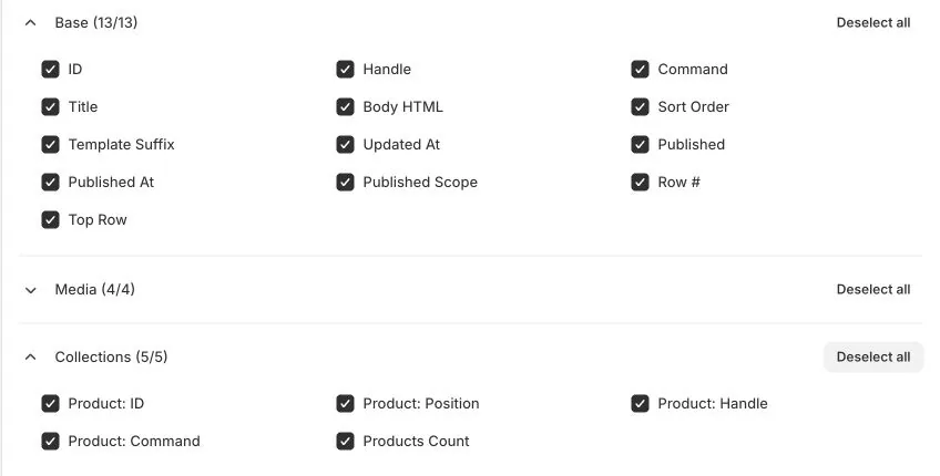 Custom Collections export columns with collection fields and linked-product fields selected