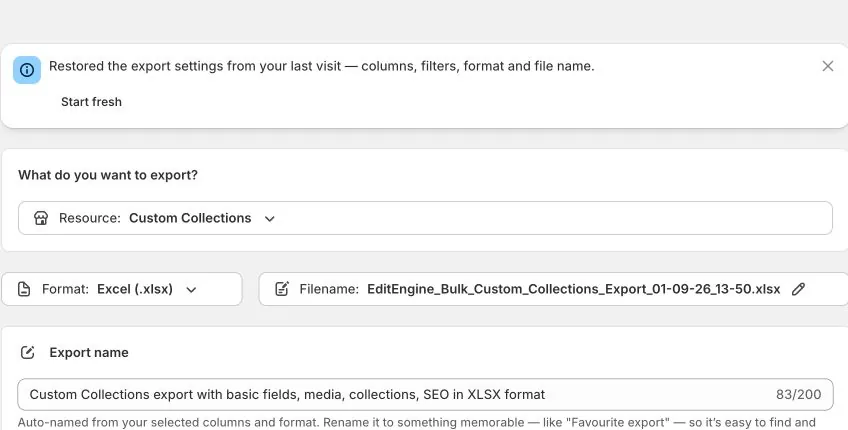 EditEngine Export with Custom Collections selected as the resource