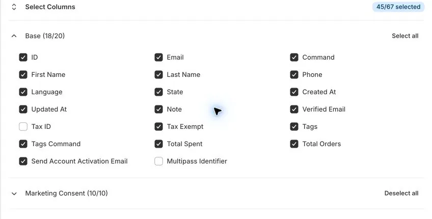 Customers Base and Marketing Consent columns selected in EditEngine