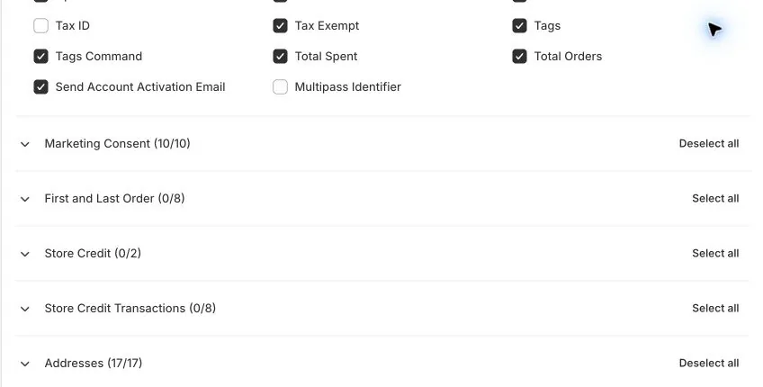 Optional Customers export sections for order history, store credit, transactions, and addresses