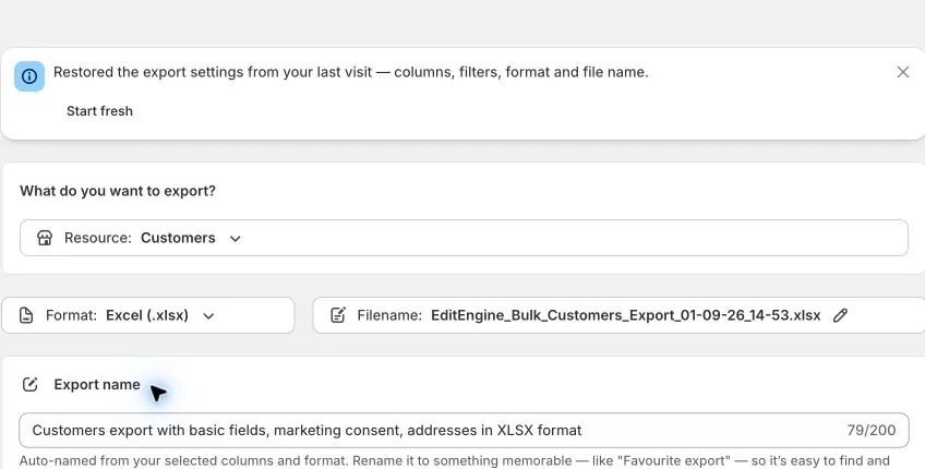 EditEngine Export with Customers selected as the resource