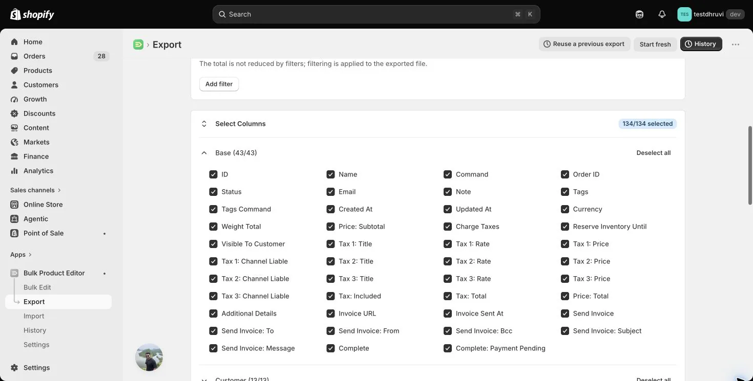 Draft Orders export columns showing 134 selected controls