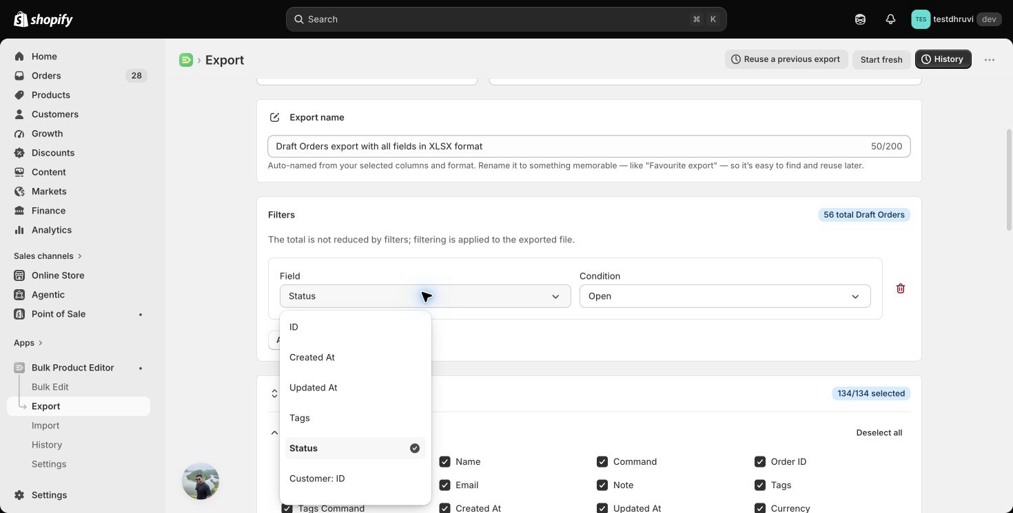 Draft Orders export filters in EditEngine