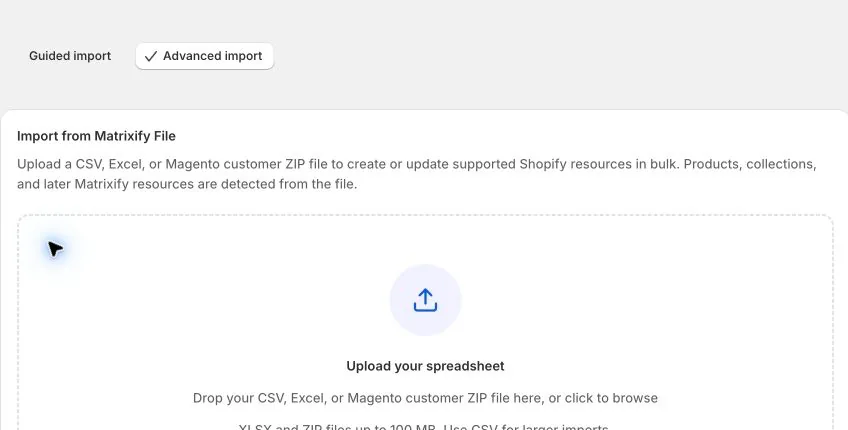 Advanced Import selected, with the upload area ready for a spreadsheet