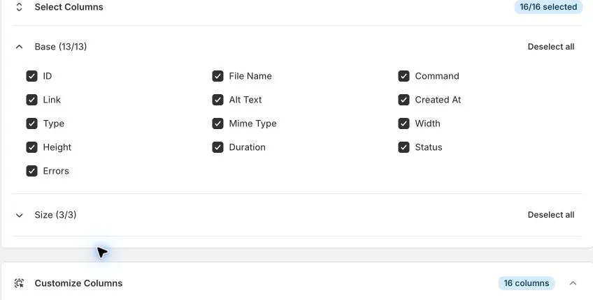 The Files column selection, including ID, Link, Alt Text, Type, and Status