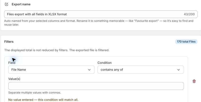 The Files export filter panel with File Name selected