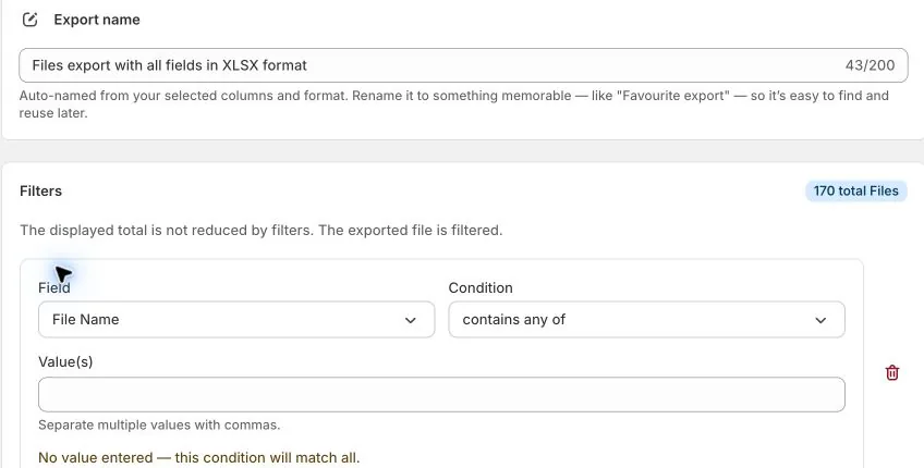 The Files export filter panel with File Name selected