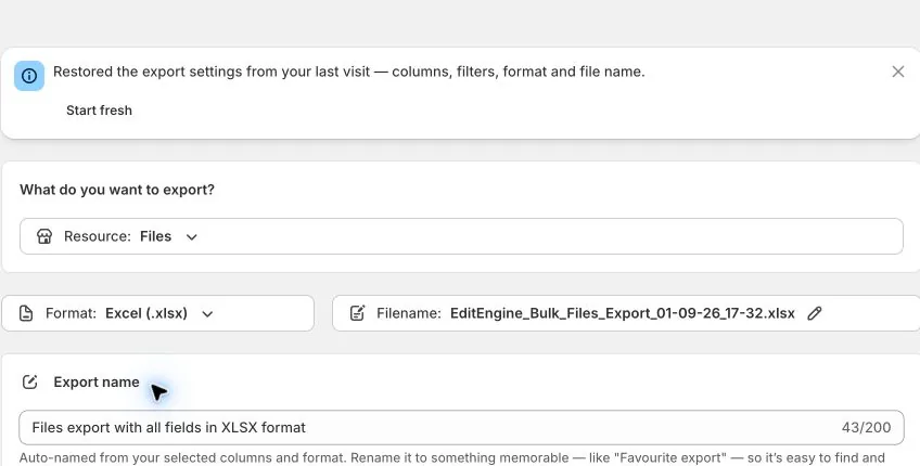 Files selected as the EditEngine export resource