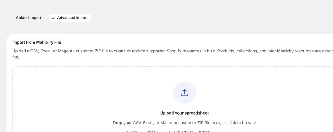The EditEngine Advanced Import upload area for a Menus spreadsheet