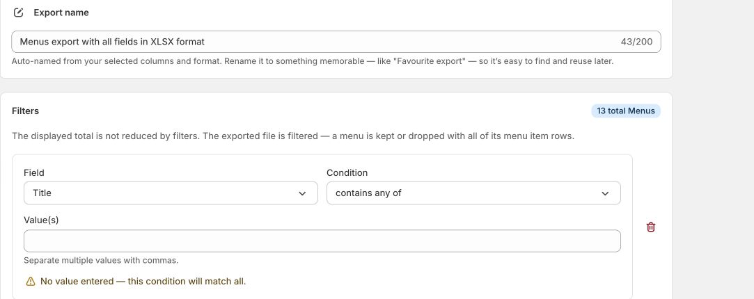 The Menus export filter panel with Title selected