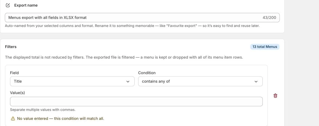 The Menus export filter panel with Title selected