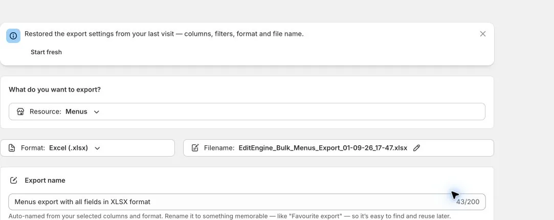 Menus selected as the EditEngine export resource