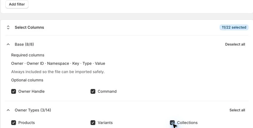 Required Metafields columns and the default owner types in EditEngine
