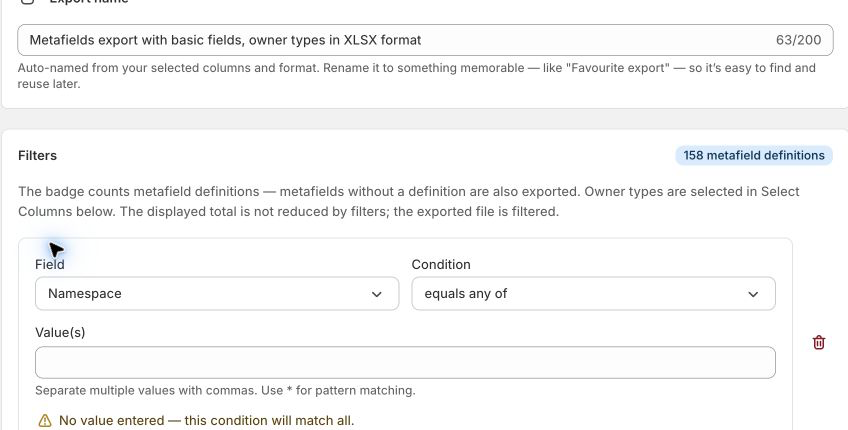 The EditEngine Metafields filter panel with Namespace selected