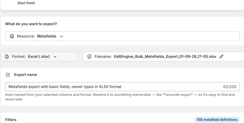Metafields selected as the EditEngine export resource