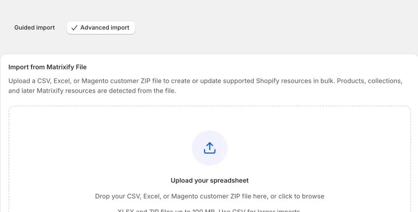 The EditEngine Advanced Import upload area for a Metaobjects spreadsheet
