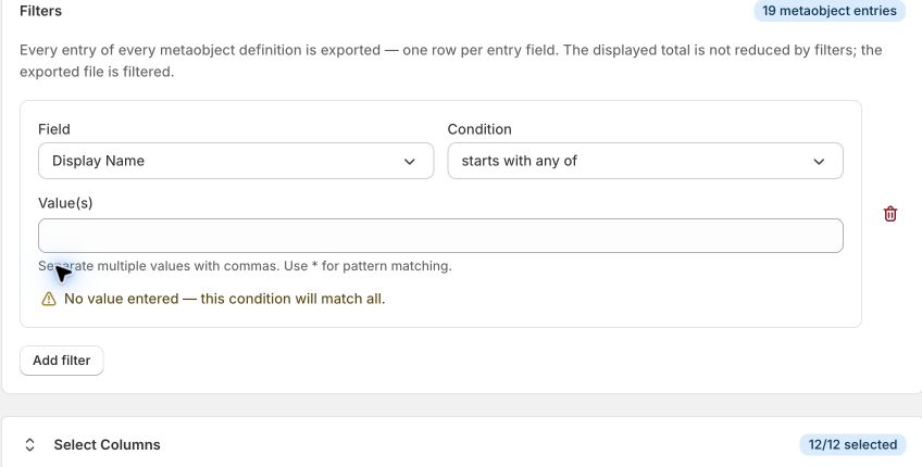The Metaobjects export filter panel with Display Name selected