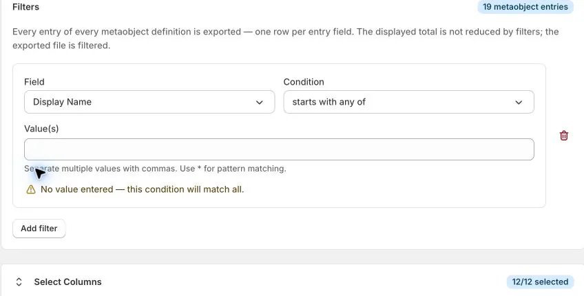 The Metaobjects export filter panel with Display Name selected