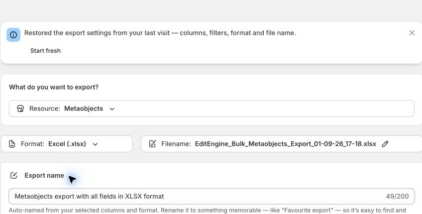 Metaobjects selected as the EditEngine export resource