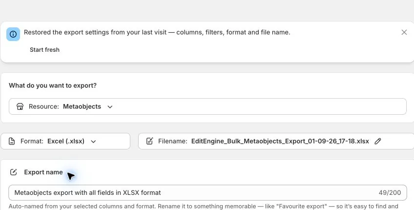 Metaobjects selected as the EditEngine export resource