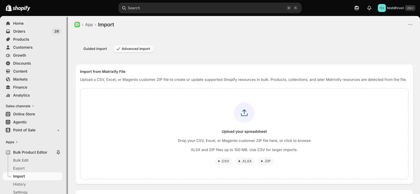 Advanced import selected with the spreadsheet upload area ready for an Orders file