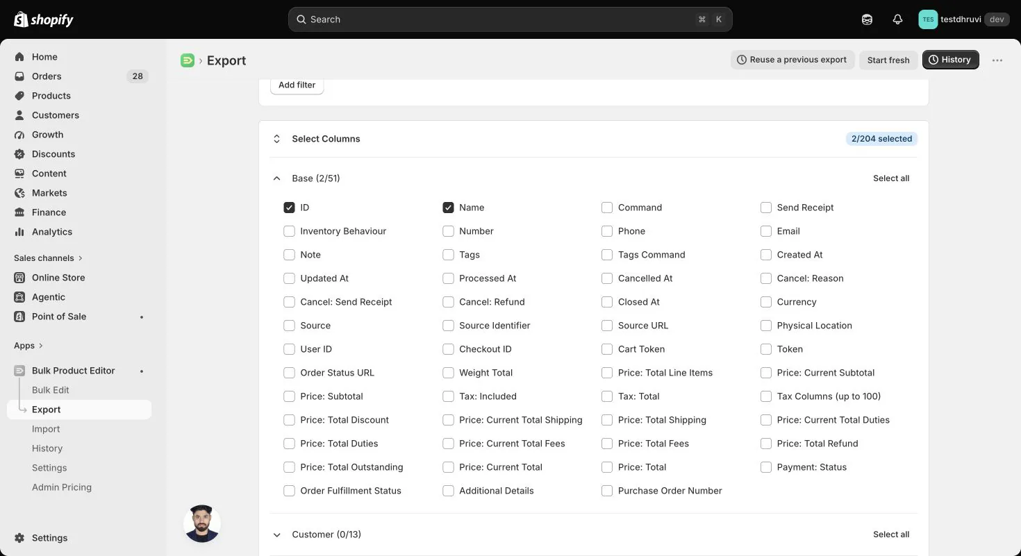 EditEngine Orders export showing 2 of 204 column controls selected