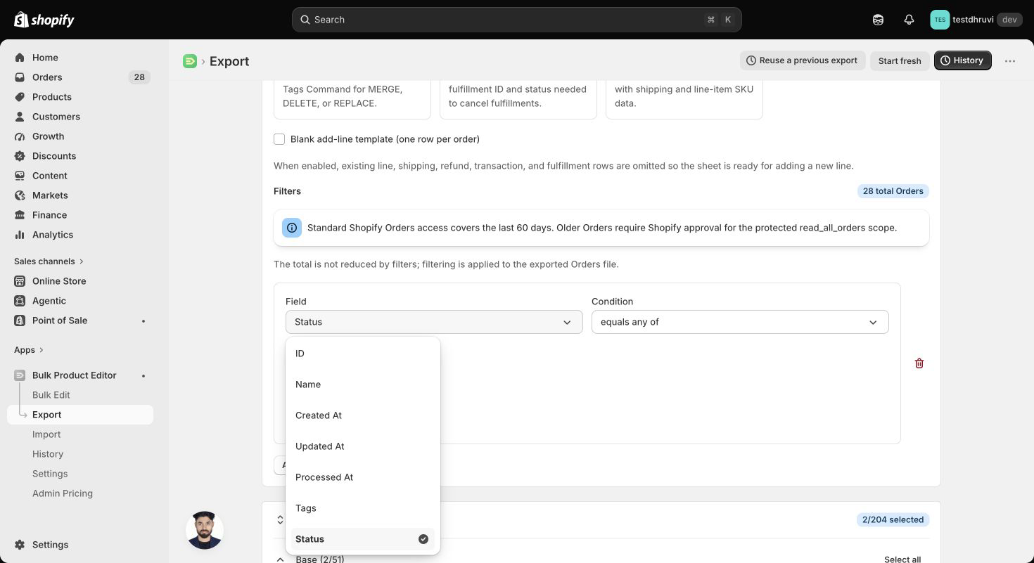 A Status filter in the EditEngine Orders export panel