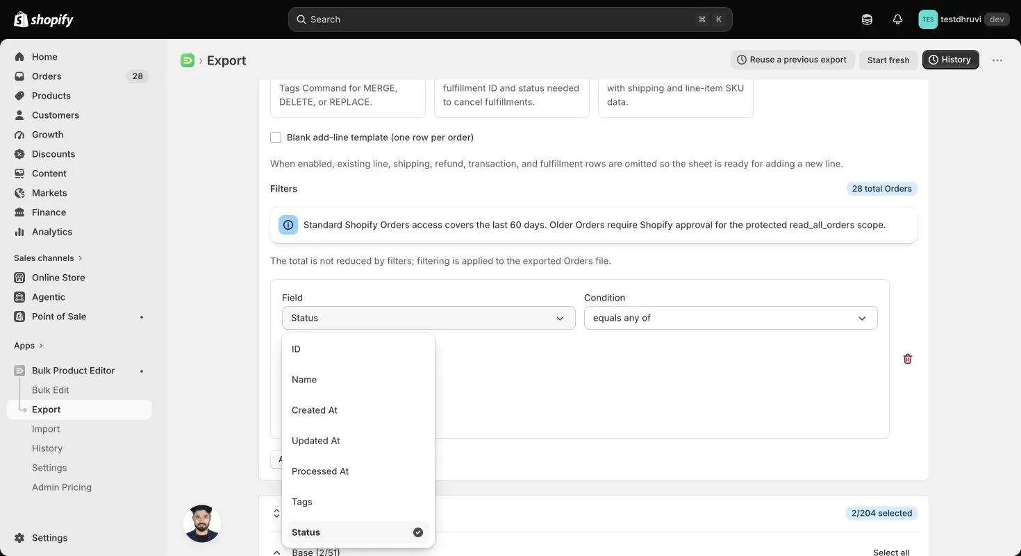 The Orders filter panel showing available identity fields and the accessible-order-history notice