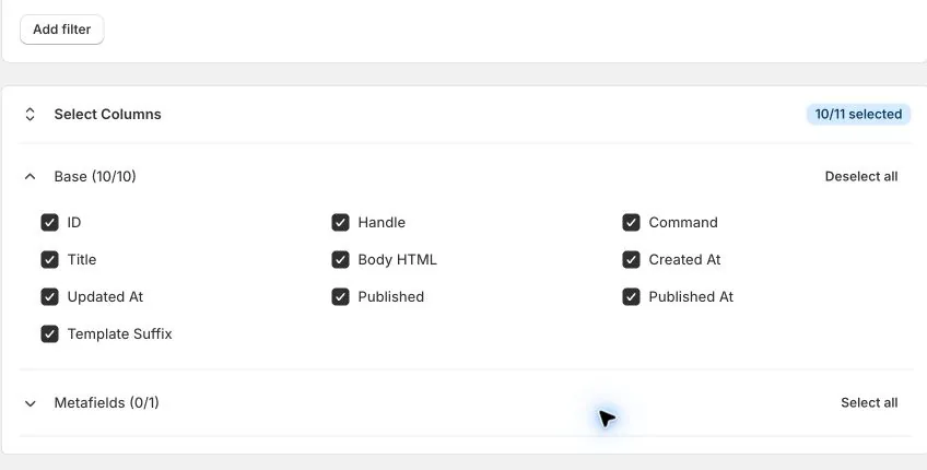 Pages export columns for content, publication, templates, and metafields