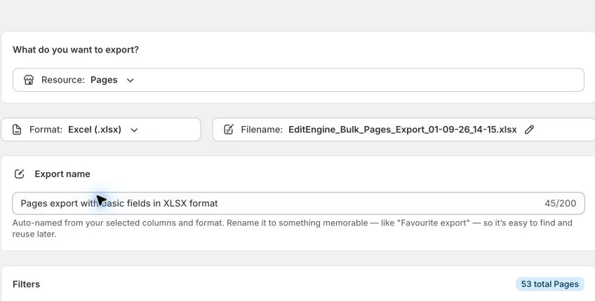 EditEngine Export with Pages selected as the resource