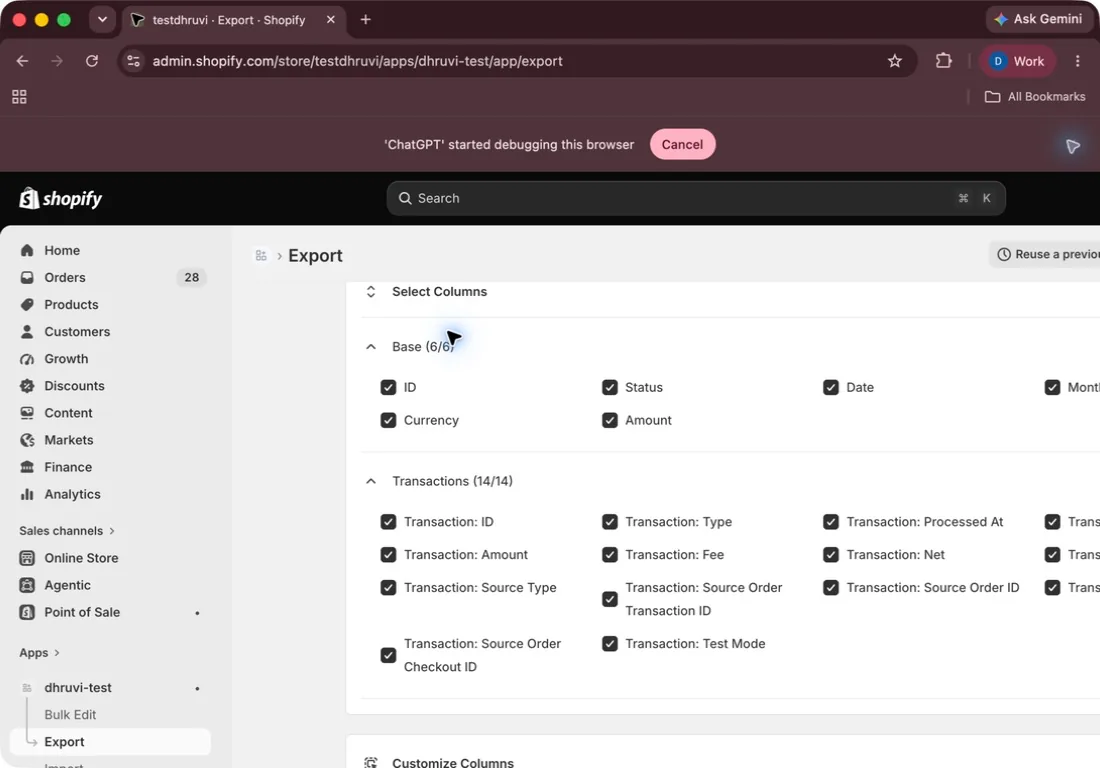All Base and Transaction columns selected for a Payouts export