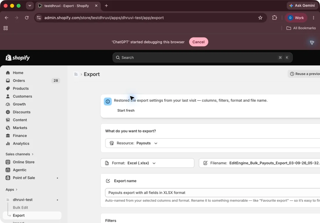 Payouts selected as the EditEngine export resource