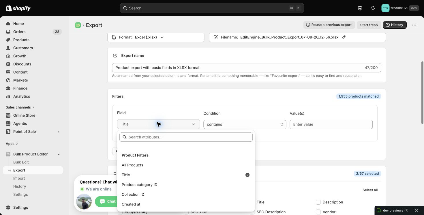 The production Products filter selector